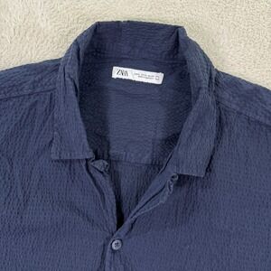 Zara Seersucker Shirt Relaxed Fit Short Sleeve Button Up Casual Mens XL Camp EUC